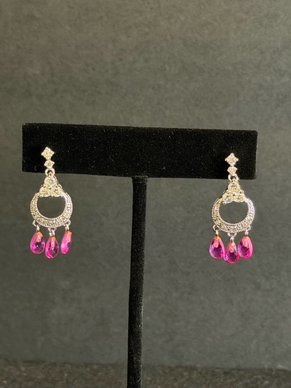 925 Silver Drop Hoop Earrings with Pink Crystal Teardrops